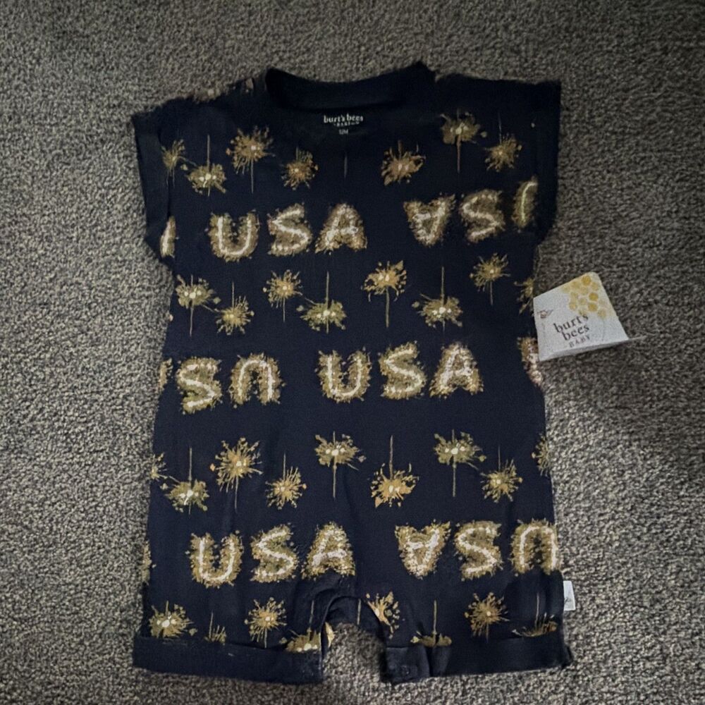 Burt's Bees Baby Navy/Gold USA Graphic Print Sleeveless Romper Size 12mn NWT A6